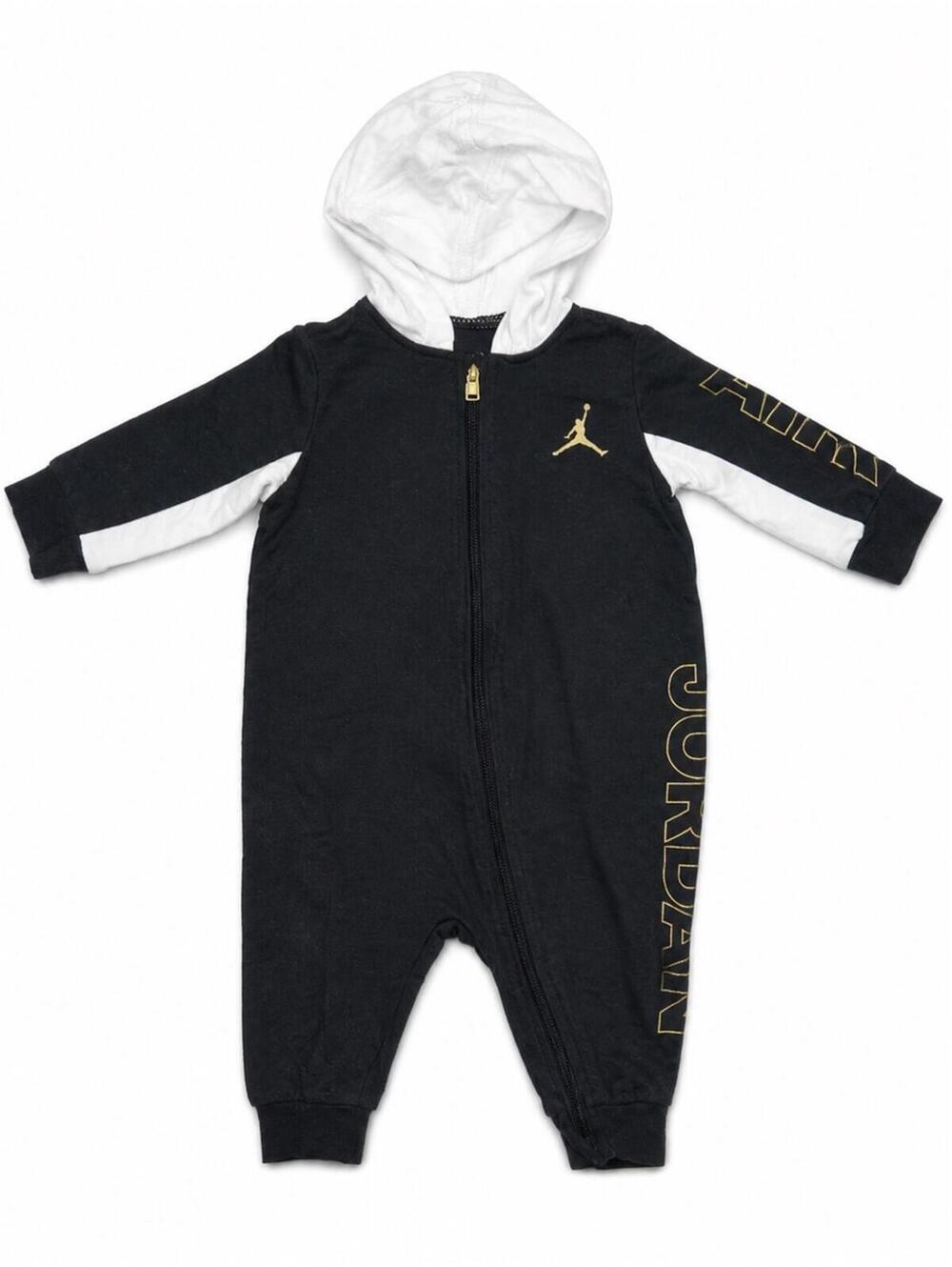 Jordan Black and White Hooded Infant One-Piece with Gold Accents 3-6 M